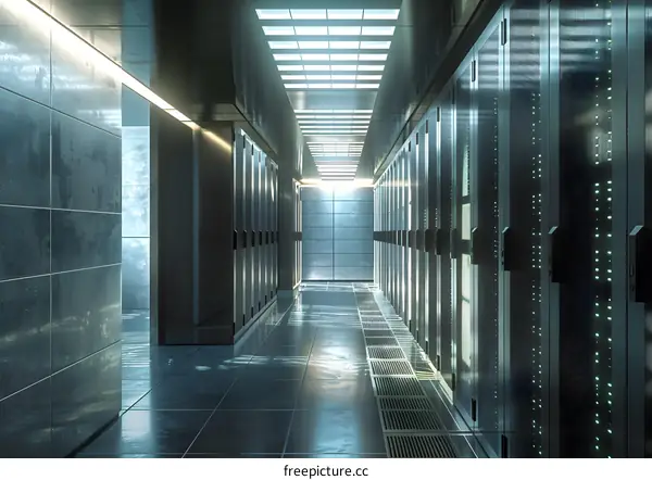 Futuristic data center with rows of server racks