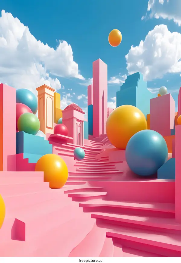 Abstract 3D Cityscape with Colorful Spheres and Stairs