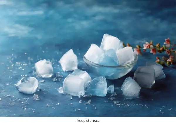Ice Cubes in a Glass Bowl on a Blue Surface