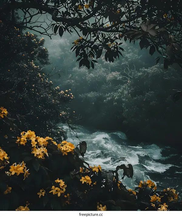 Yellow Flowers And A Rushing River In A Lush Forest