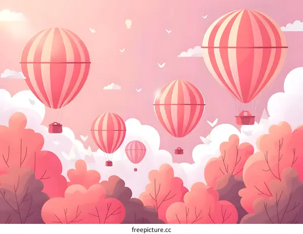 Hot Air Balloons Floating Above Pink Sky With Clouds and Trees