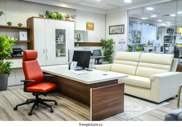 Modern Office Space with Executive Desk and Sofa