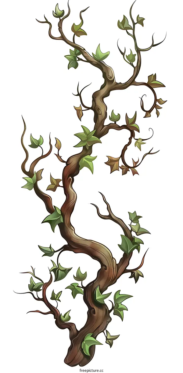 Twisted Branch with Green Leaves Illustration