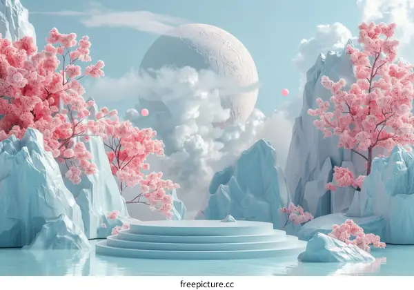 Pastel Dreamy Sakura Mountain Scene