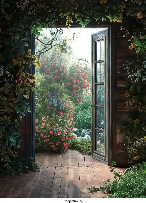 Wooden Doorway to a Blooming Garden