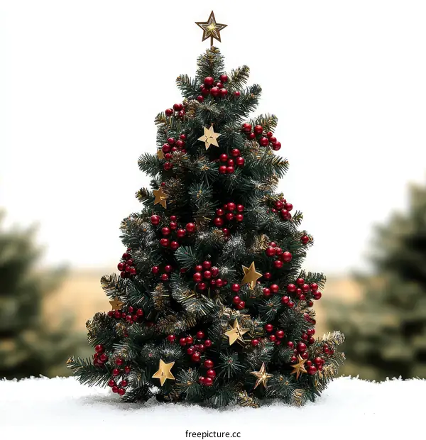 Christmas Tree Decorated with Red Berries and Gold Stars