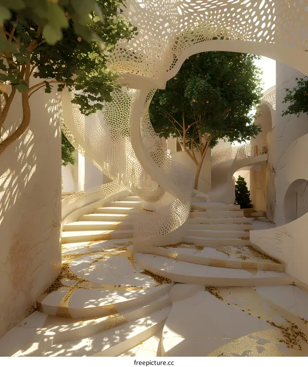 White Spiral Staircase in a Lush Garden