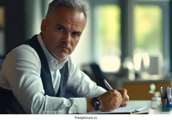 Businessman Writing in a Notebook in Office Setting