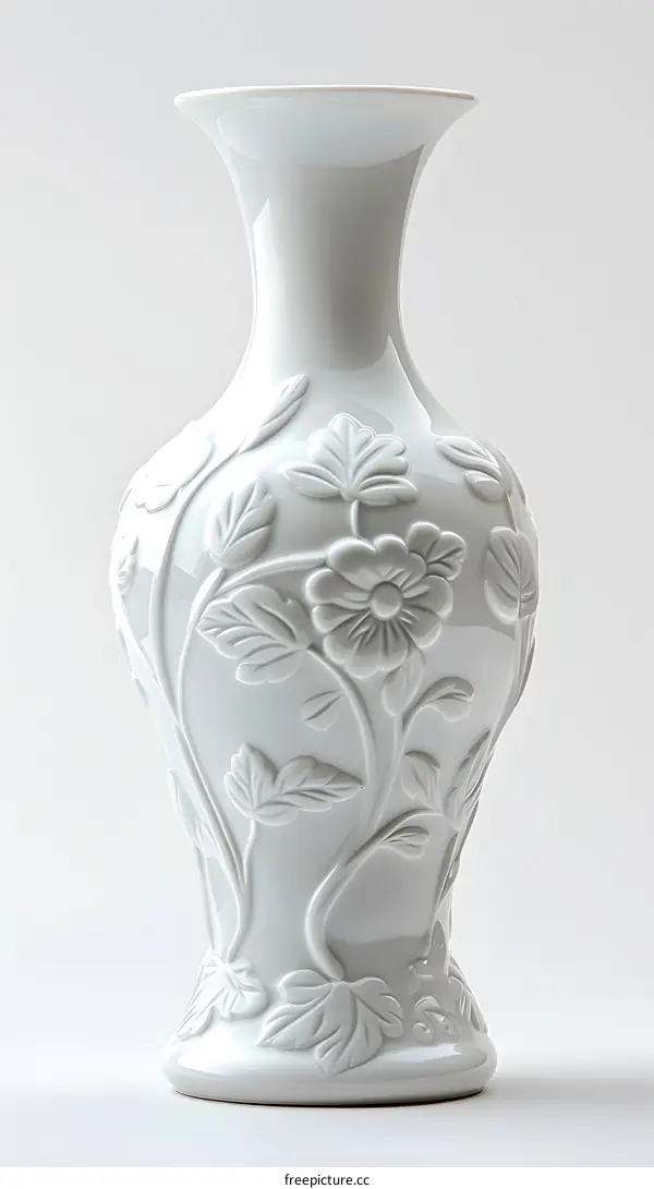 A white porcelain vase with a floral design.