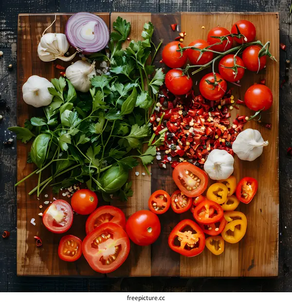 Fresh Tomatoes, Garlic, Parsley, and Red Pepper Flakes on a Wooden Cutting Board