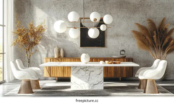 Modern Dining Area with Marble Table and Concrete Wall