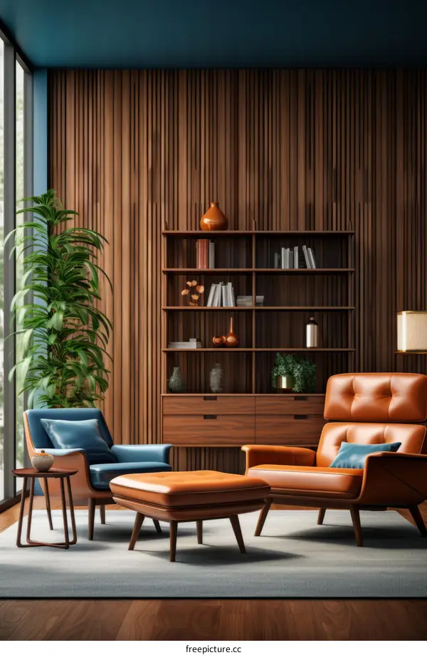 Mid Century Modern Interior Design Living Room With Blue Accent Wall