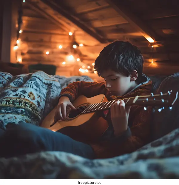 Young Boy Playing Guitar In Cozy Home Interior