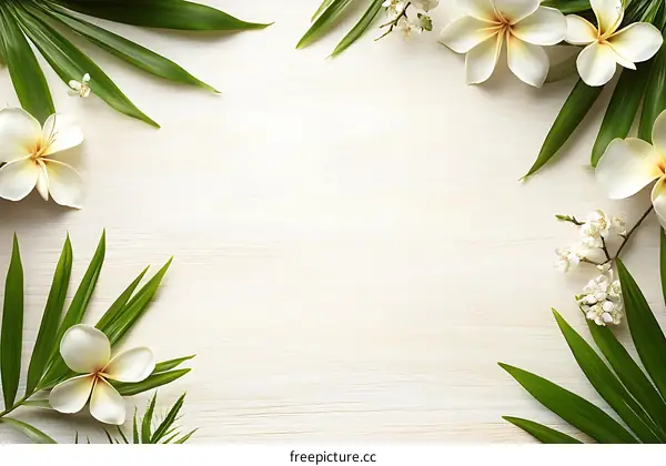 White Flowers and Green Leaves Frame on Wooden Background