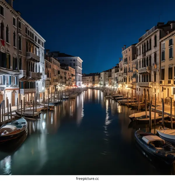 A view of the Grand Canal in Venice, Italy, at night