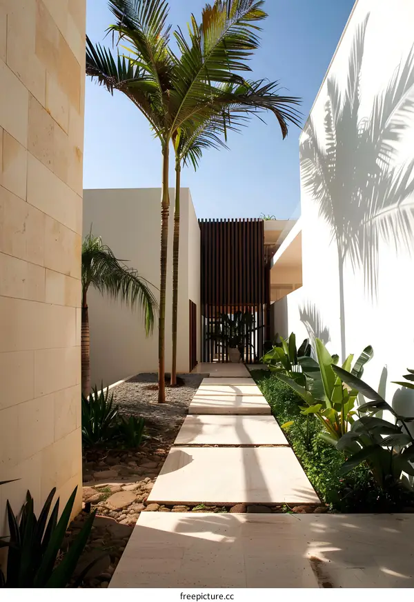 Modern Courtyard with Palm Trees and Stone Path