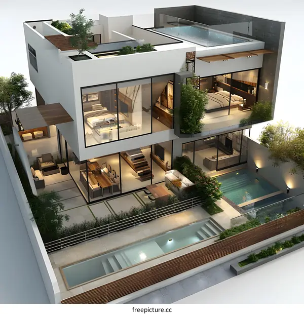 A Modern Home with a Pool and a Rooftop Terrace