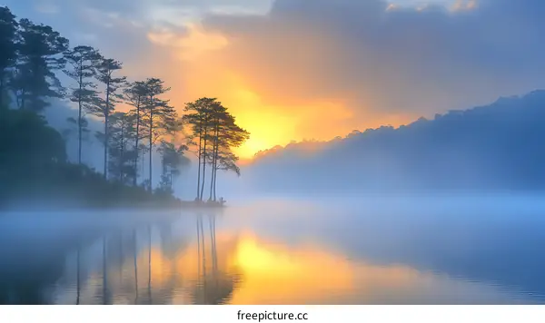 Misty Sunrise Over a Calm Lake