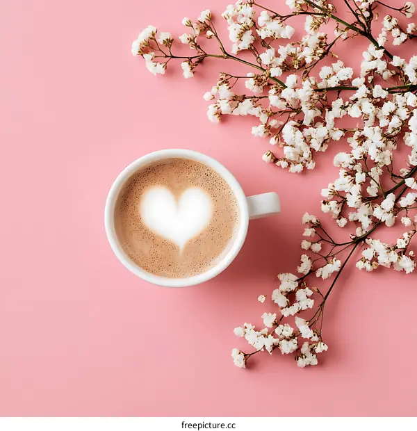 Cup of Coffee with Heart Design on Pink Background with White Flowers