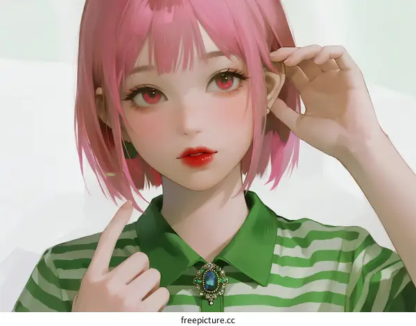 Pink Haired Girl Wearing Green Striped Shirt with Brooch