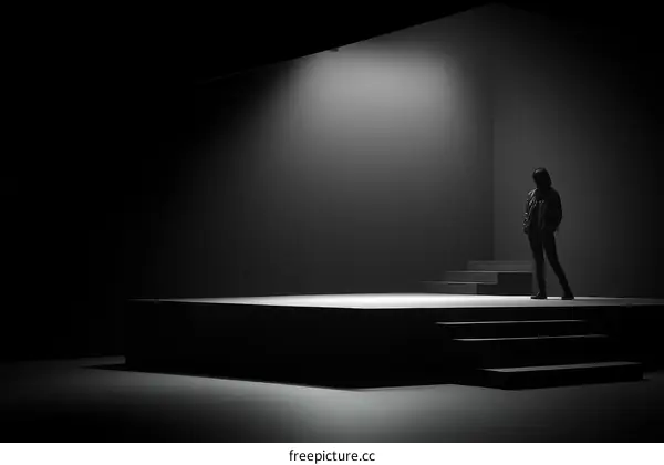 Empty Stage with Spotlight and Silhouette Figure