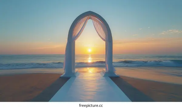 A beautiful beach wedding arch at sunset