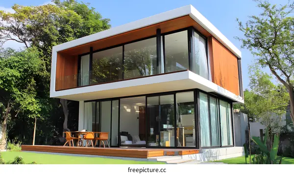 Modern Minimalist House with Large Glass Windows and Wooden Accents