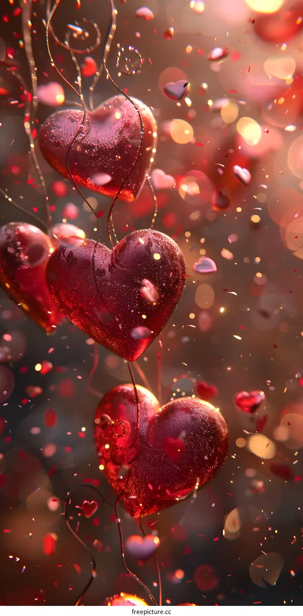 Red crystal hearts hanging on strings with red and pink bokeh background