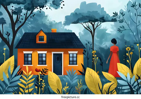 A woman standing in front of a house surrounded by plants and trees