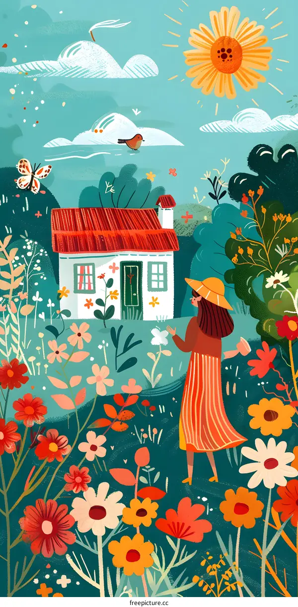 Woman Standing in a Garden Full of Flowers and a House in the Background