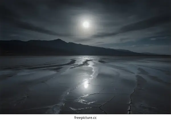 Moonlit Landscape with Calm Water and Mountain Silhouette