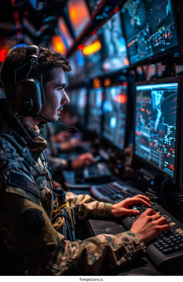 Soldier using computer technology to monitor and control military equipment