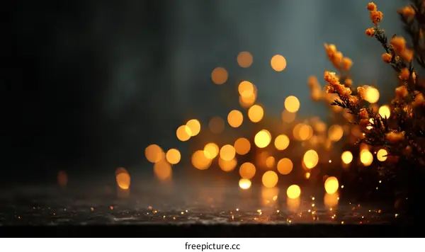Golden Lights Bokeh Background with Dried Flowers