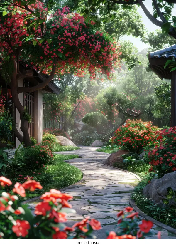 Chinese Style Courtyard with Red Flowers and Stone Path