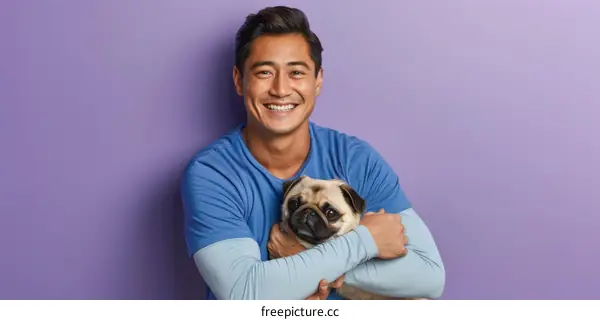 Asian man hugging a pug dog