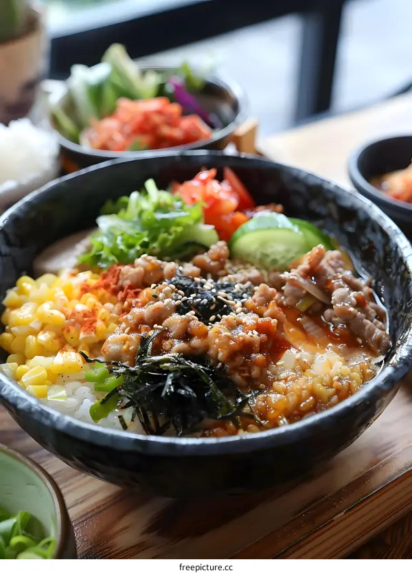 A delicious bowl of Korean bibimbap with rice, vegetables, and meat