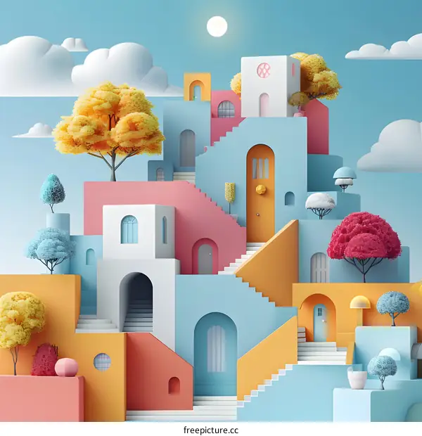 Colorful 3D illustration of a cityscape with geometric shapes and pastel colors