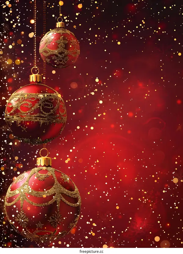 Three red and gold Christmas ornaments hanging from gold chains against a red background with falling gold snowflakes.