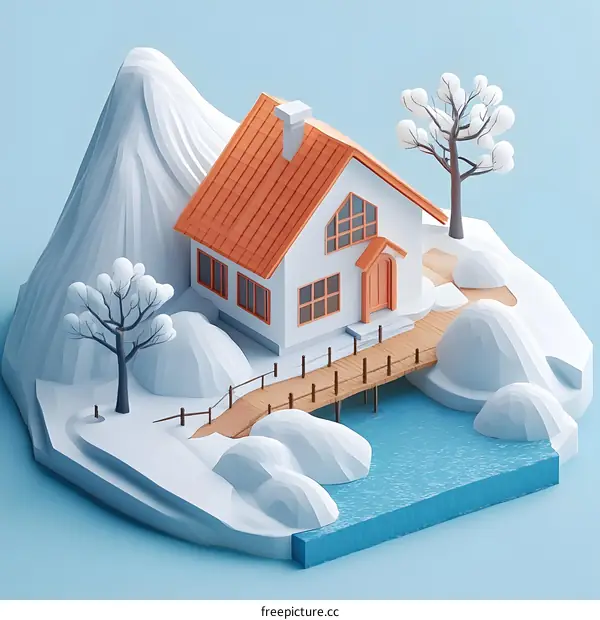 Low Poly Illustration of a White House in Winter Wonderland