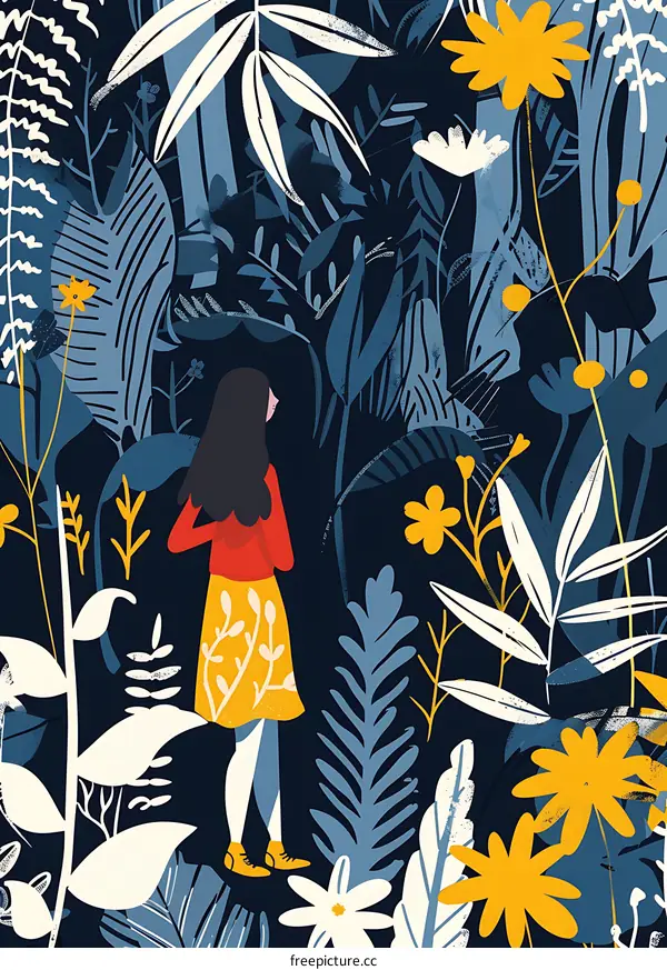 Woman standing in a field of flowers with blue and white leaves