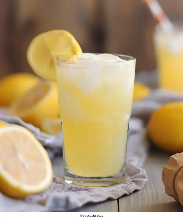 Lemonade with Ice and Lemon Slice on Wooden Table