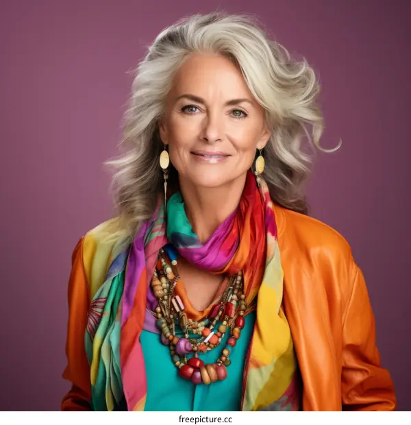 portrait of an older woman with colorful scarf and necklace
