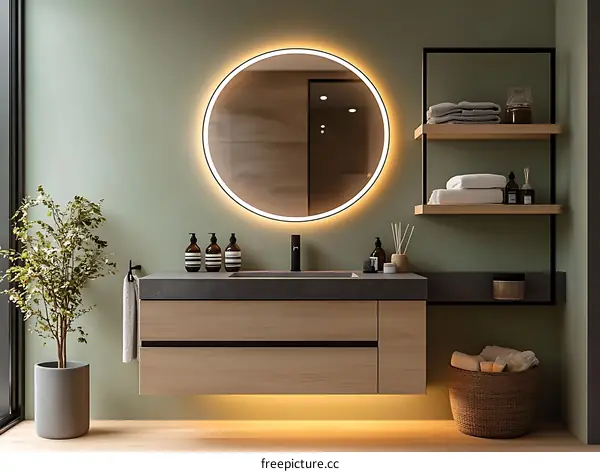 Modern Minimalist Bathroom Vanity with Round Mirror