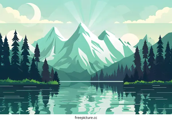 Mountain Lake Scene with Sunrise and Forest