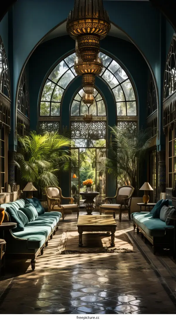 Elegant living room with blue sofas and palm trees