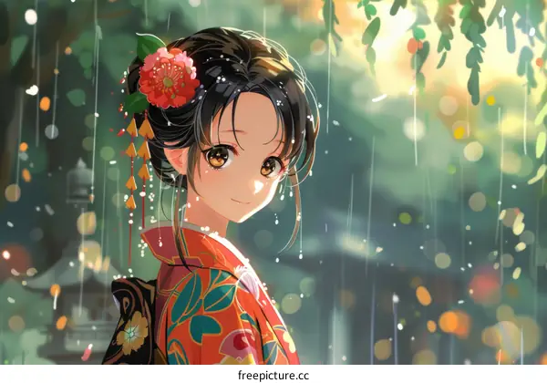 Beautiful Anime Girl in Kimono Under Rainfall