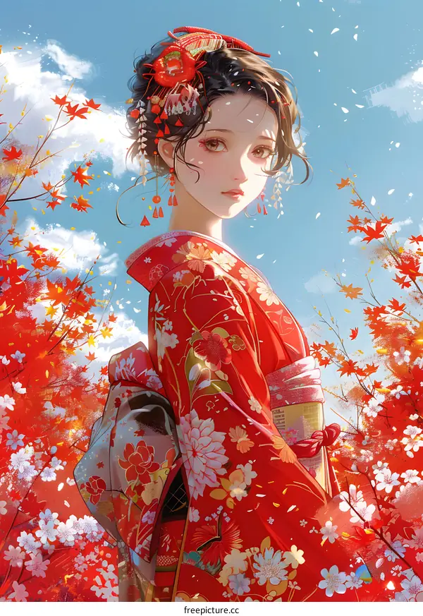 Beautiful Woman in Red Kimono Under Autumn Leaves