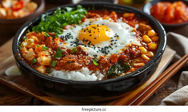 Korean food dolsot bibimbap with egg and kimchi
