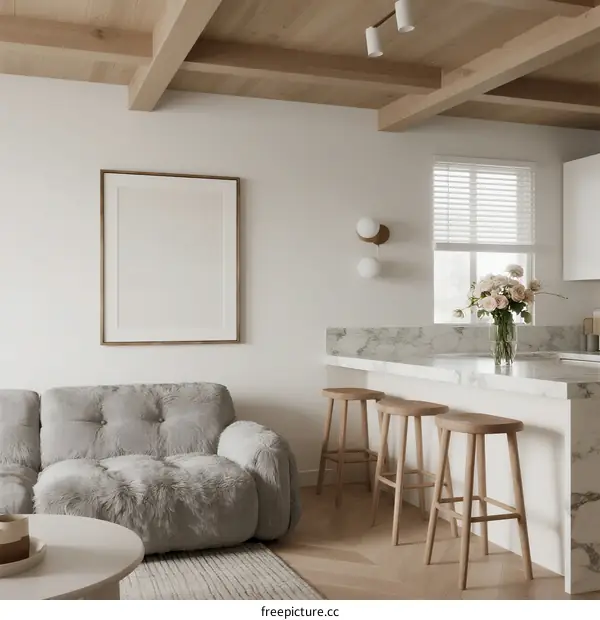 Cozy modern living room with light wood ceiling and gray sofa