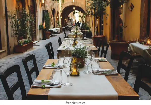 Outdoor Restaurant Long Table Setting in European Alley